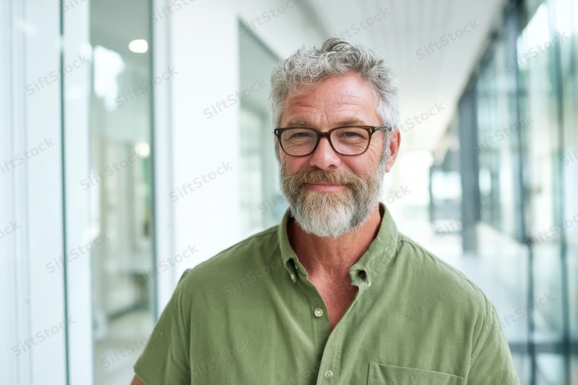 Middle-aged man with salt-and-pepper hair and beard smiling in a modern office hallway