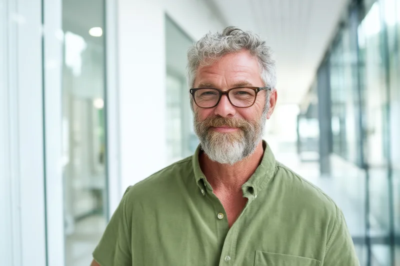 Middle-aged man with salt-and-pepper hair and beard smiling in a modern office hallway