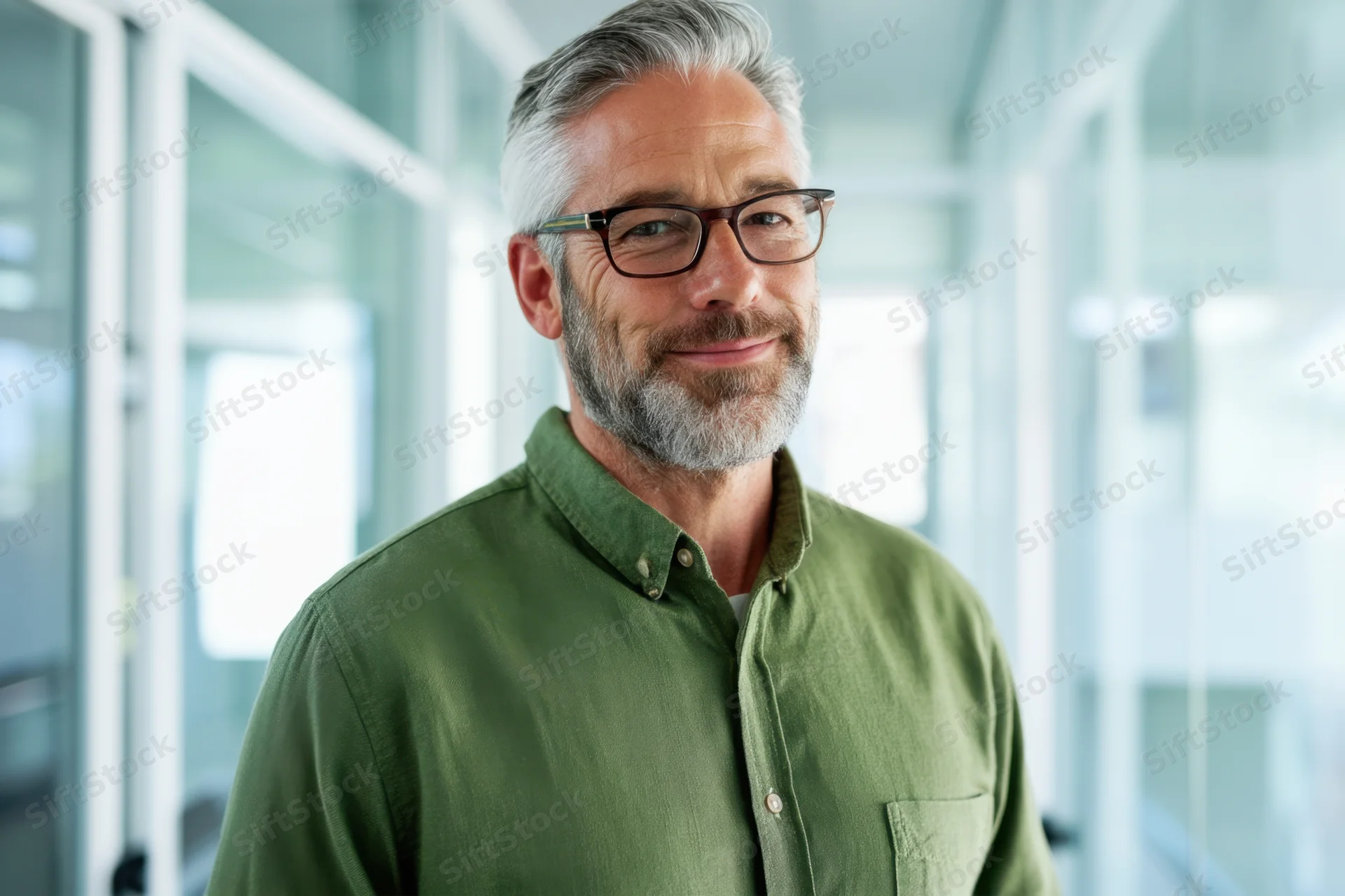 Middle-aged man with salt-and-pepper hair and beard smiling in a modern office corridor