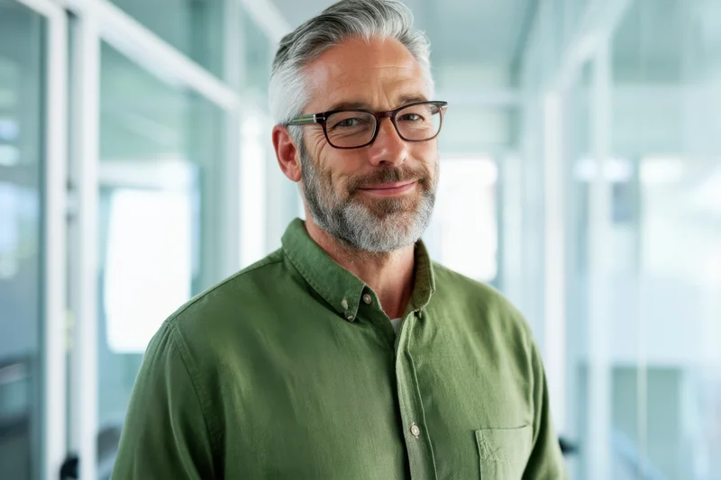 Middle-aged man with salt-and-pepper hair and beard smiling in a modern office corridor