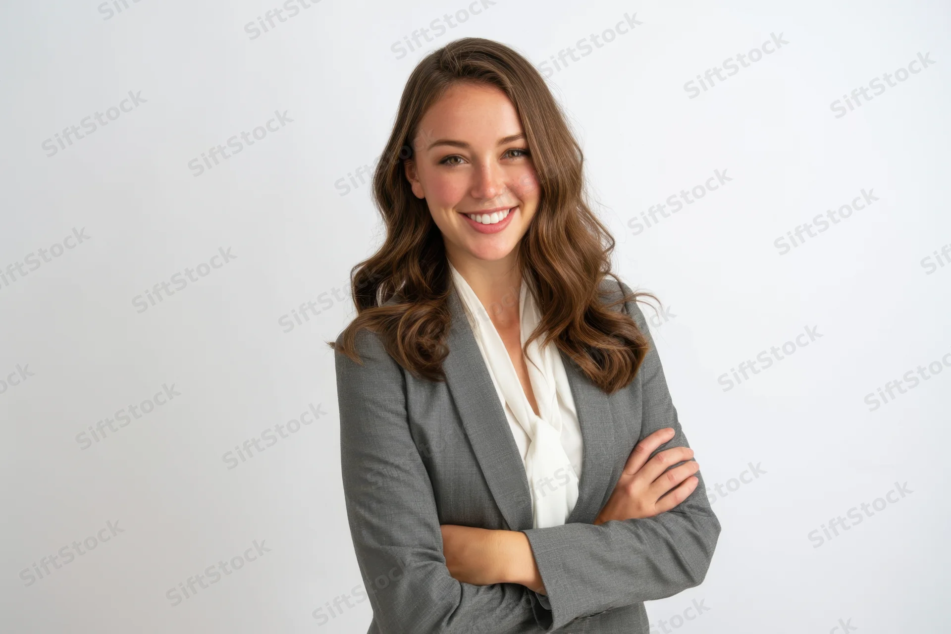 Woman in gray blazer and white blouse standing with arms crossed smiling in studio