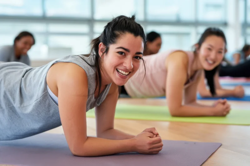 Woman smiling while holding plank position on yoga mat in bright modern studio with other women exercising in background