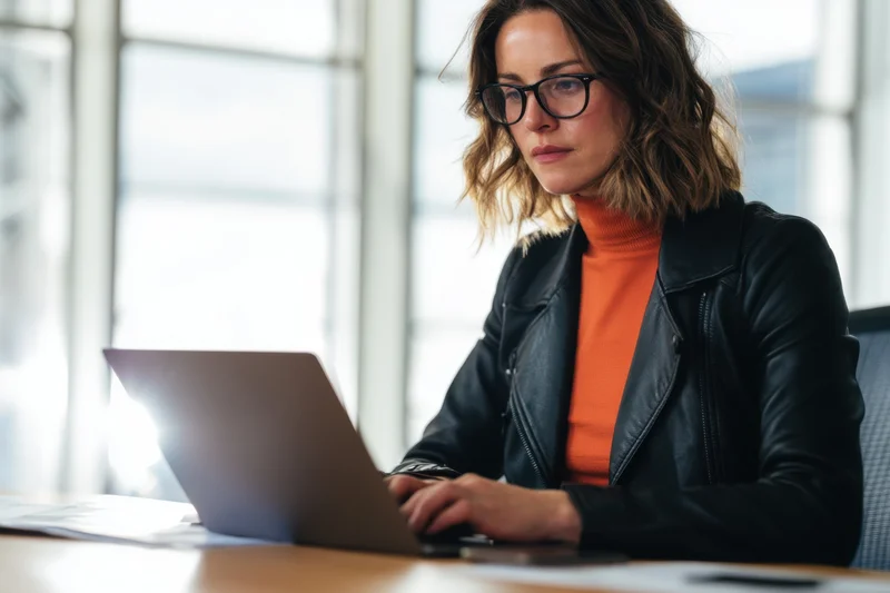 Woman typing on laptop at office desk near window