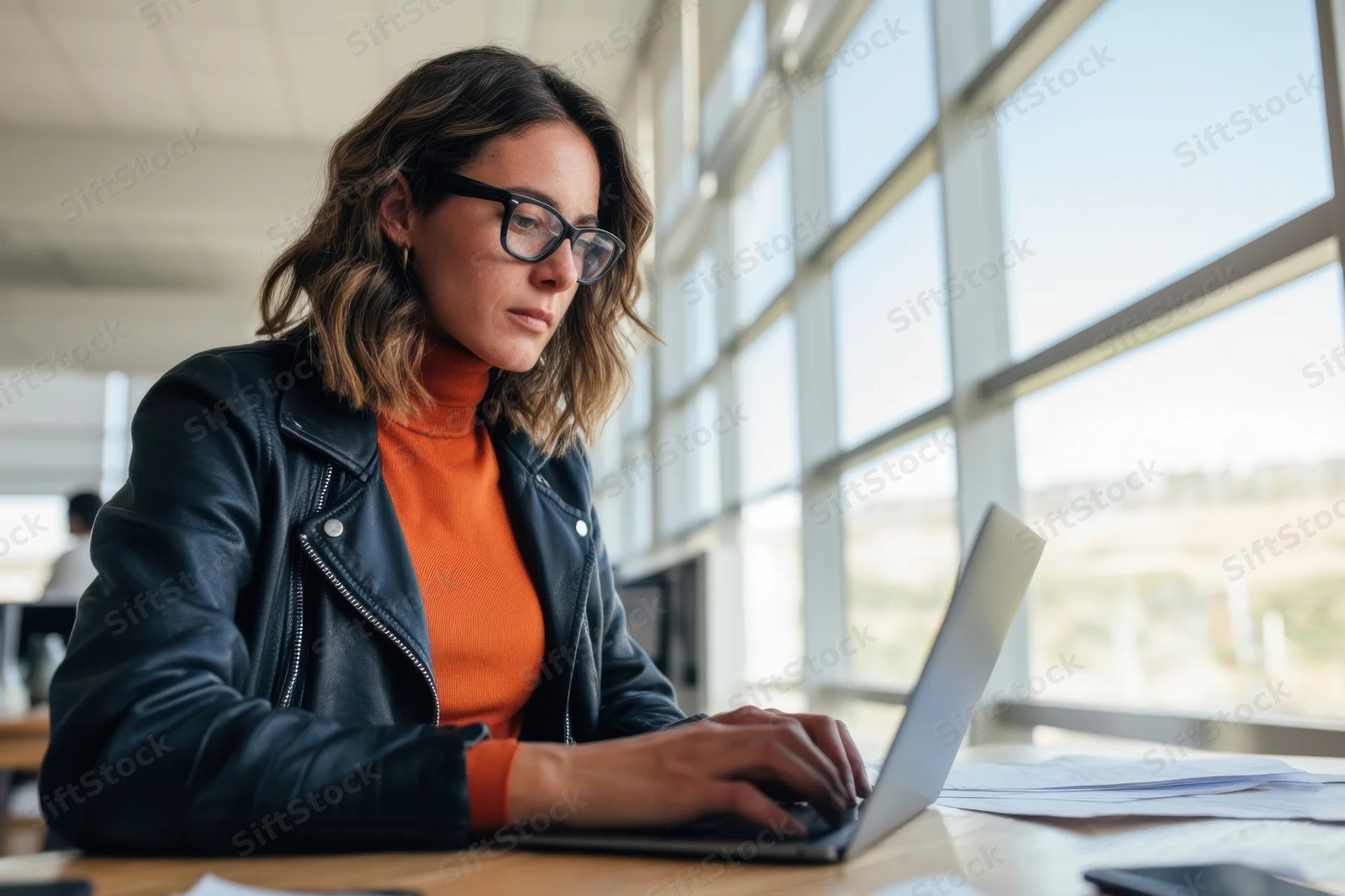 Woman typing on laptop at office desk by large window