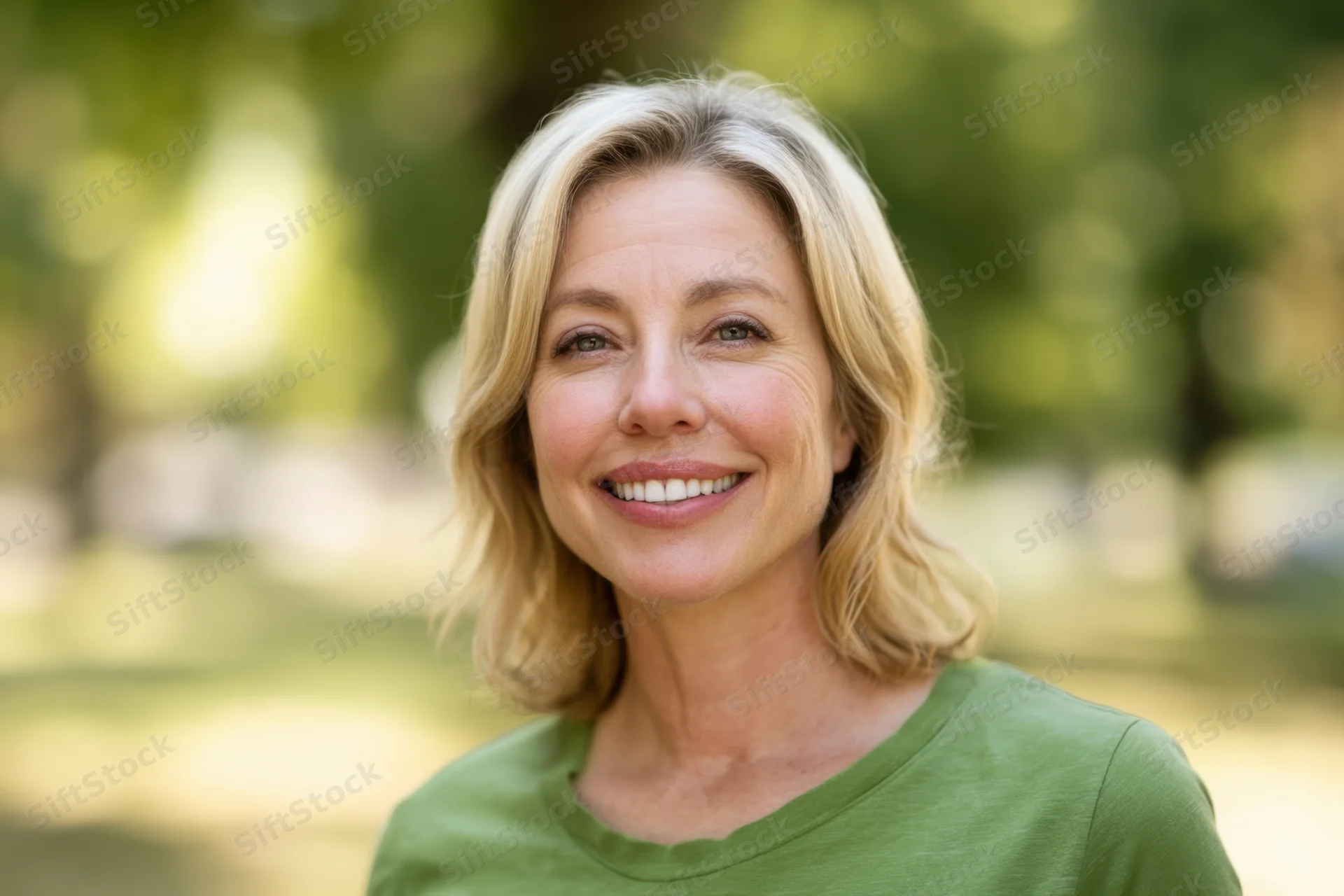 Smiling woman in green tshirt outdoors in a sunlit park