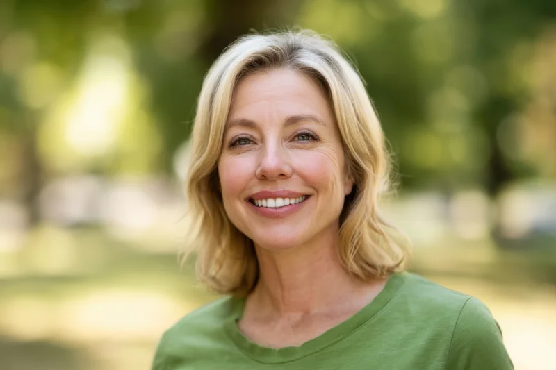 Smiling woman in green tshirt outdoors in a sunlit park