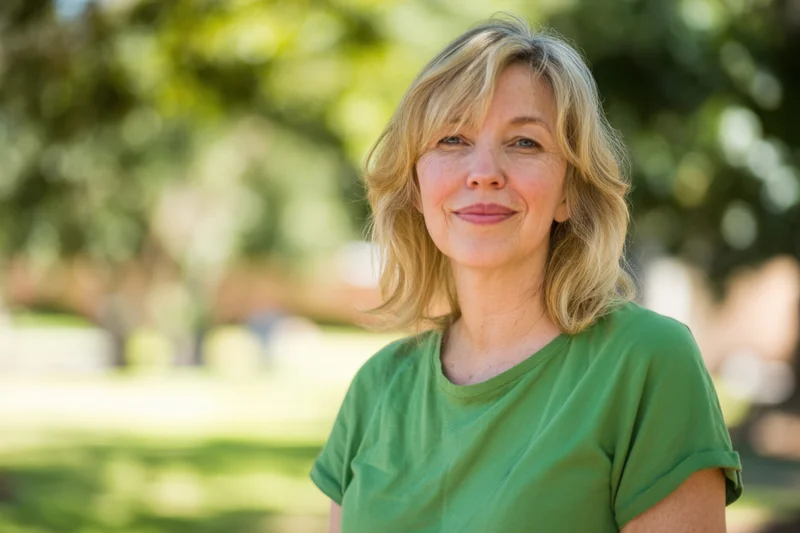 Smiling woman in green tshirt outdoors in a park