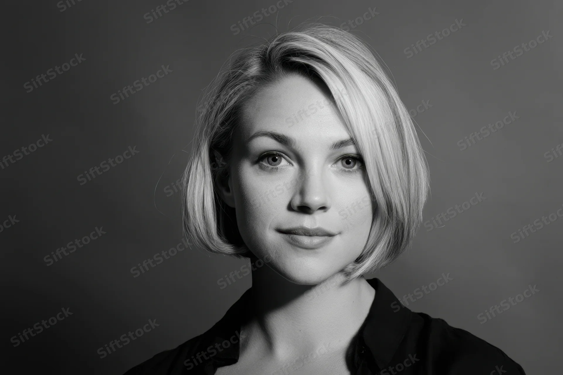 Woman with short blonde bob in black shirt posing for studio portrait with neutral expression