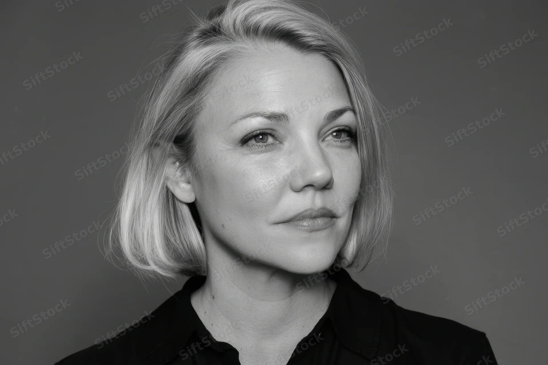 Grayscale portrait of a woman with short blonde hair and black shirt, looking directly at camera in studio setting