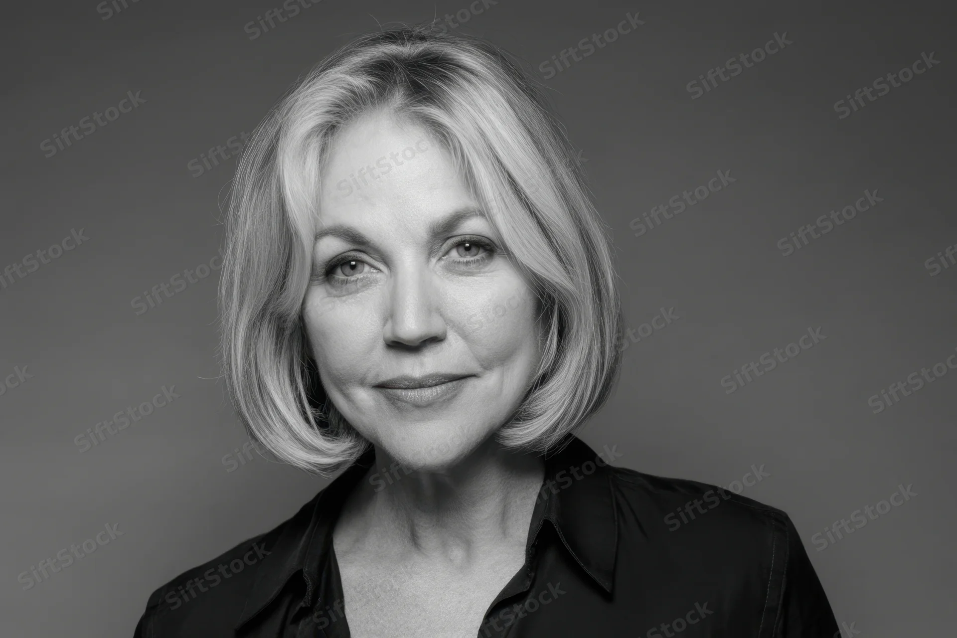 Woman with short blonde hair smiling in a black collared shirt against a neutral gray background