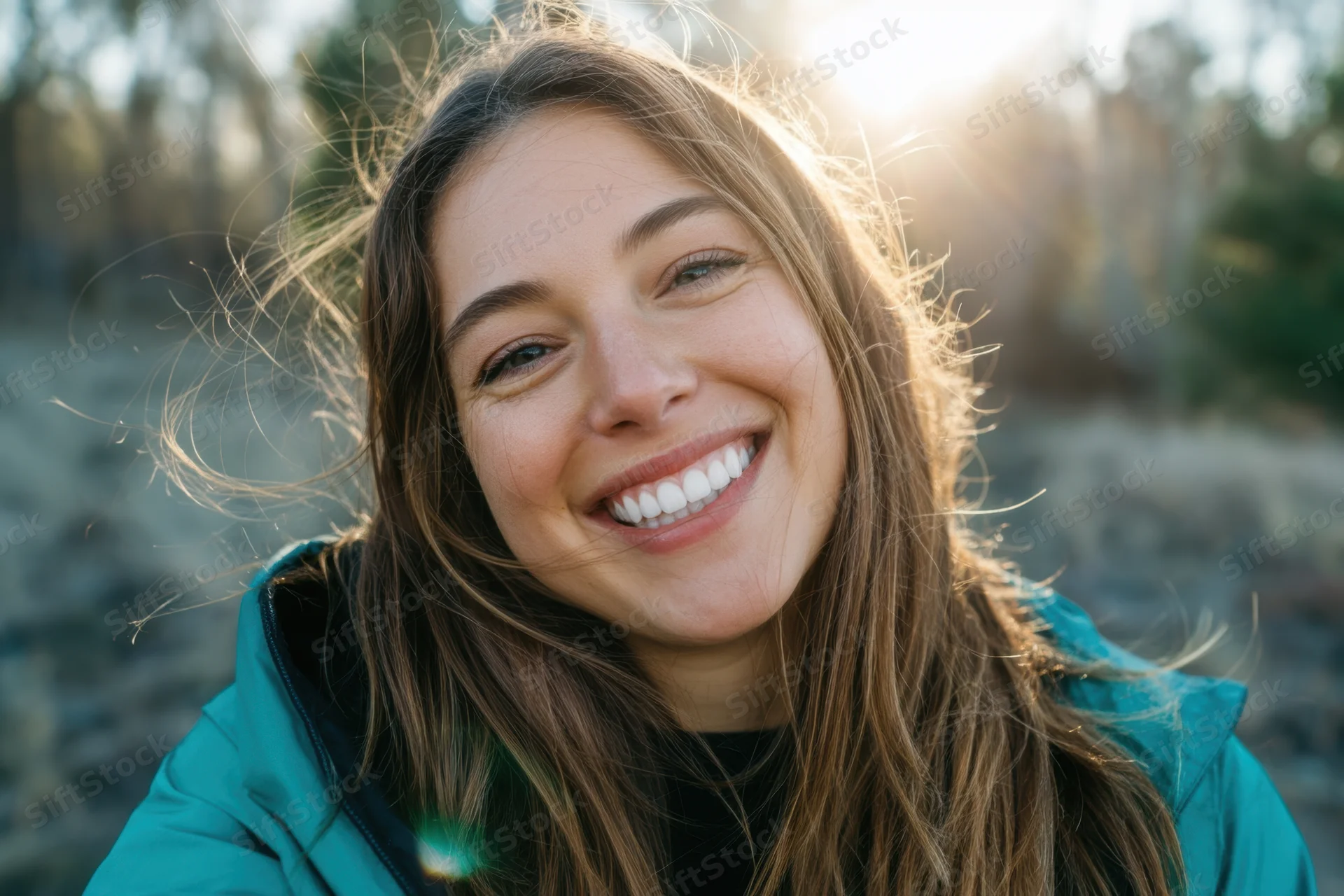 Smiling woman in teal jacket outdoors with sun flare and windblown hair