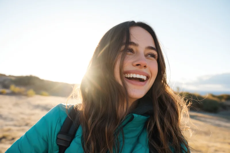 Woman smiling outdoors in teal jacket with sun flare and warm light