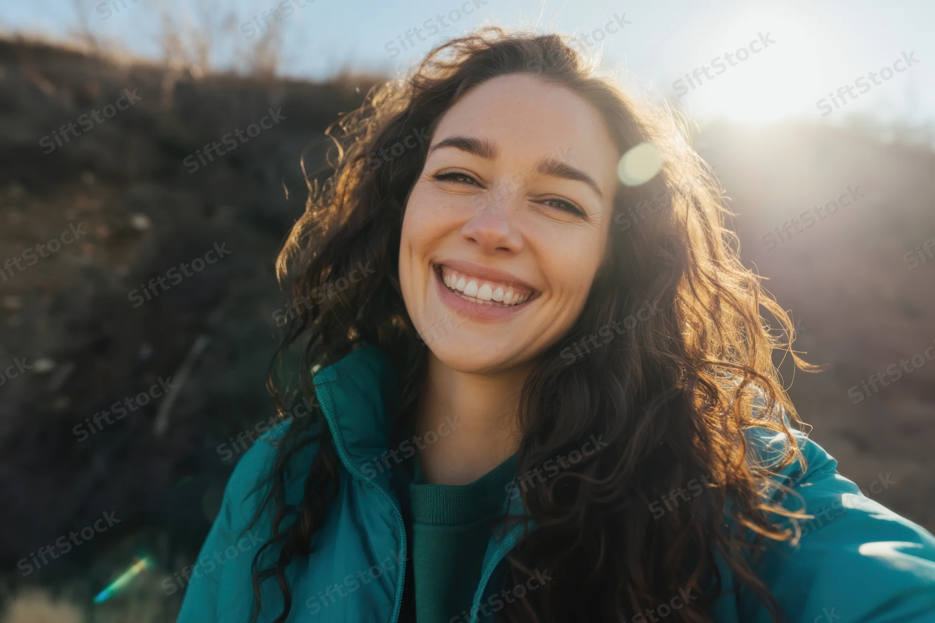 Smiling woman in teal jacket outdoors with sun flare and warm light
