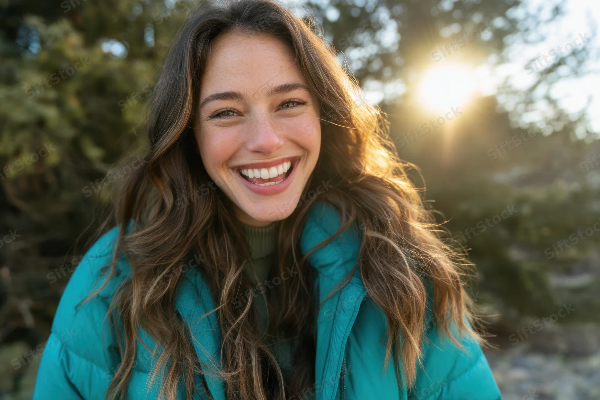 Woman smiling outdoors in teal jacket with sun flare behind trees