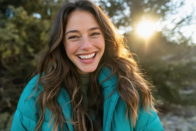 Woman smiling outdoors in teal jacket with sun flare behind trees