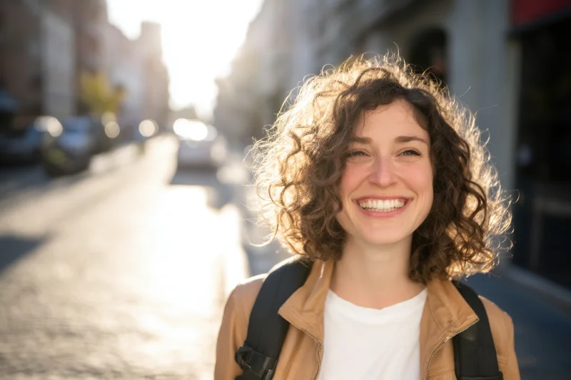 Smiling woman with curly hair wearing a tan jacket and backpack on a sunlit city street