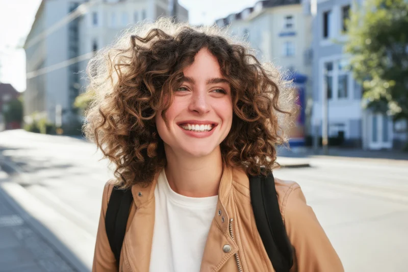 Smiling woman with curly hair wearing tan jacket and backpack on city street