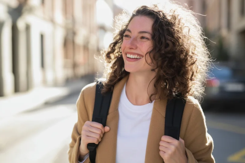 Smiling woman with curly hair walking down city street carrying backpack
