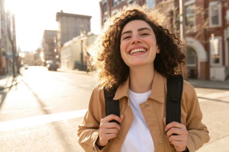 Young woman smiling with curly hair and backpack on city street