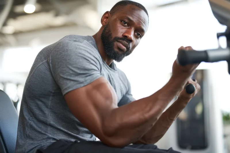 Muscular man seated on bench gripping barbell in gym