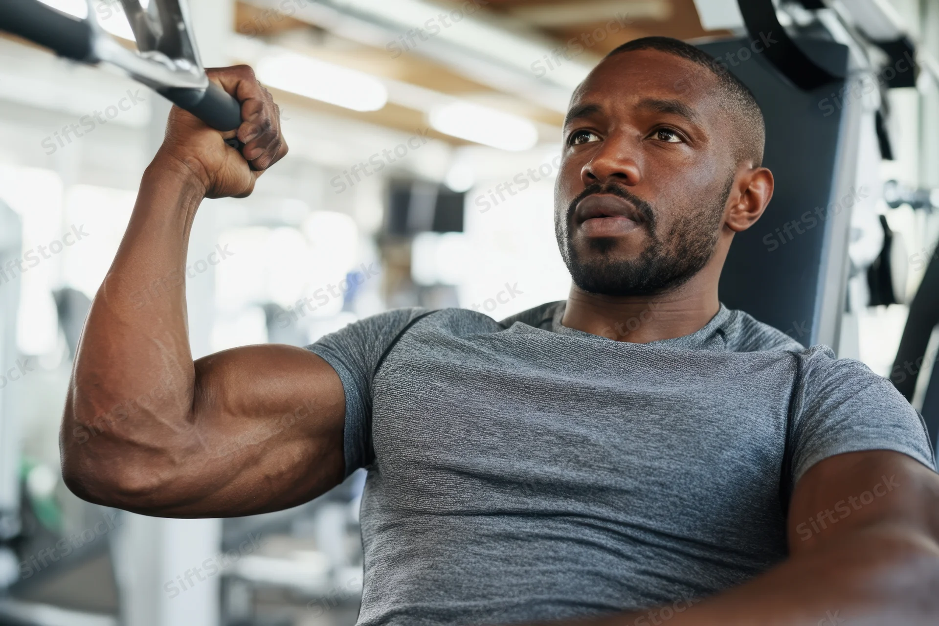 Muscular man seated on bench gripping cable machine handle in gym