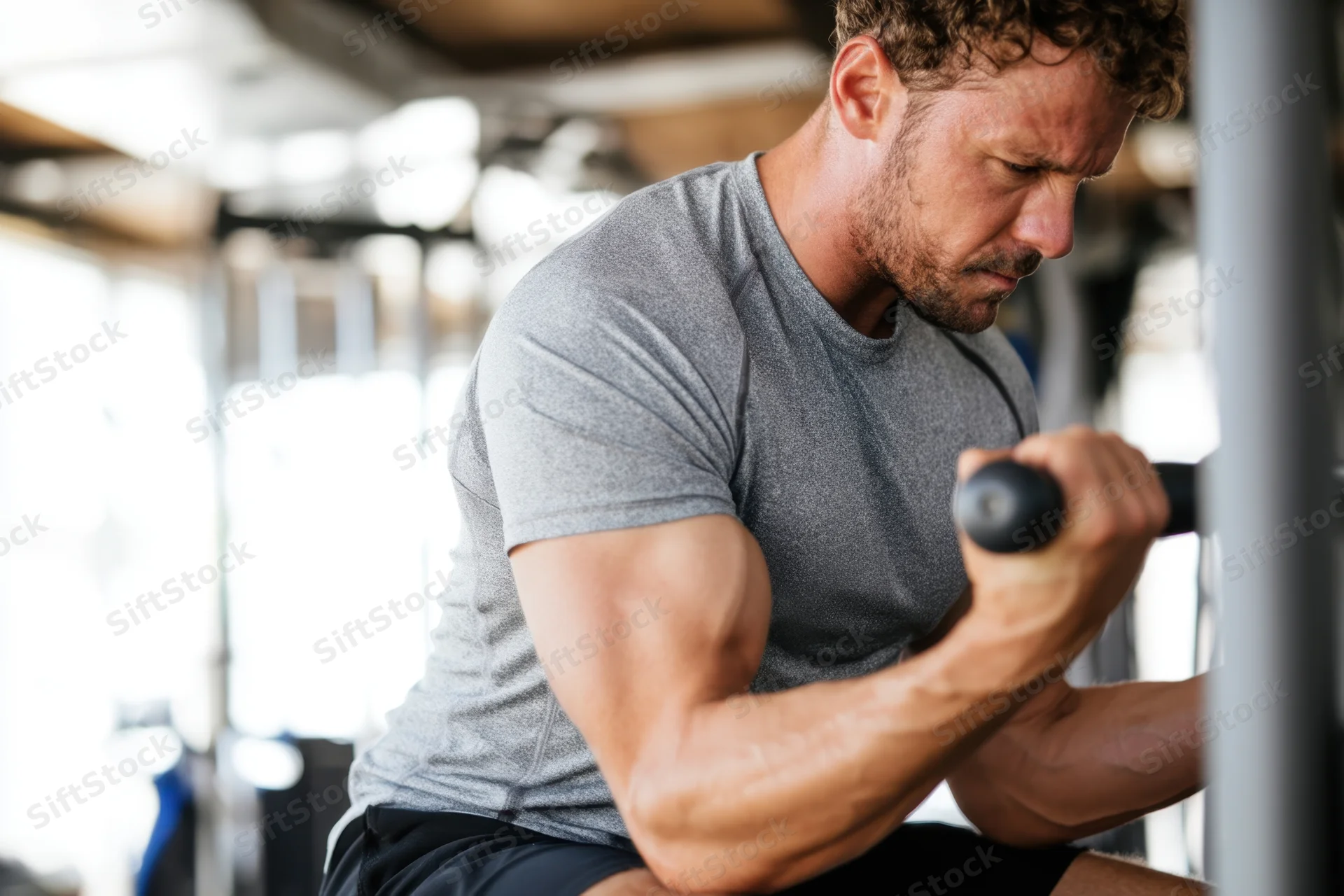 Muscular man performing bicep curl with dumbbell in gym