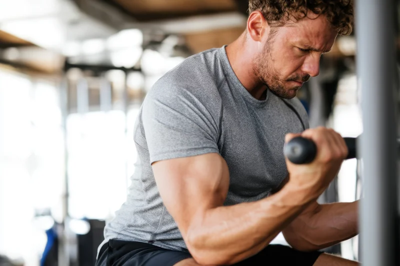 Muscular man performing bicep curl with dumbbell in gym