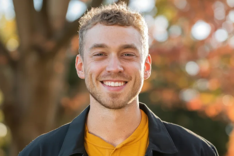 Smiling young man in a yellow shirt and dark jacket outdoors in autumn foliage