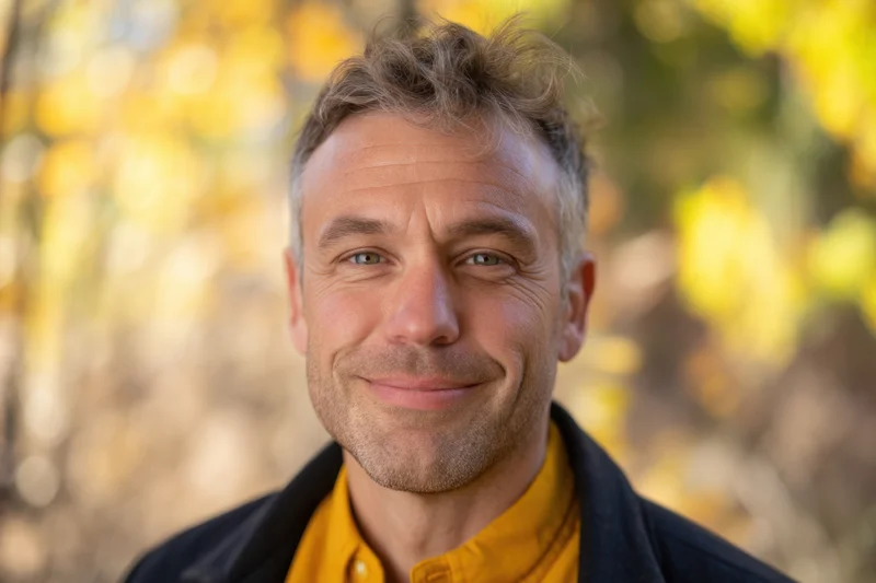 Smiling man in yellow shirt and dark jacket outdoors in autumn foliage
