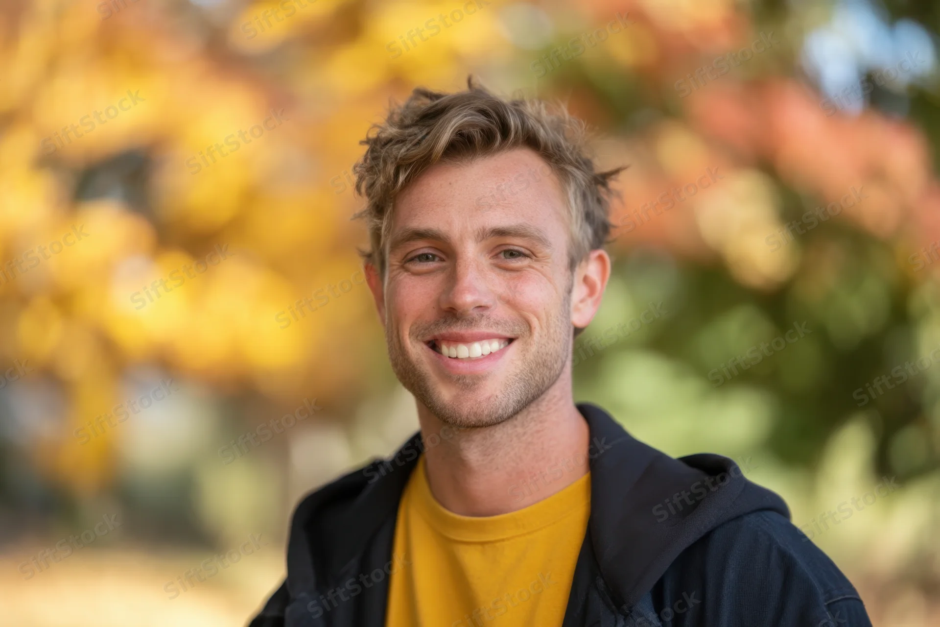 Smiling man in a black hoodie and yellow tshirt outdoors with autumn foliage in the background