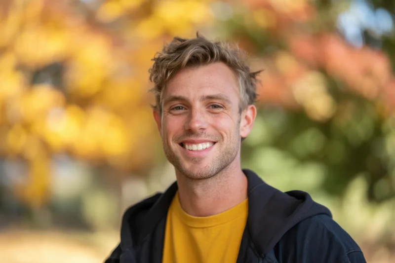 Smiling man in a black hoodie and yellow tshirt outdoors with autumn foliage in the background