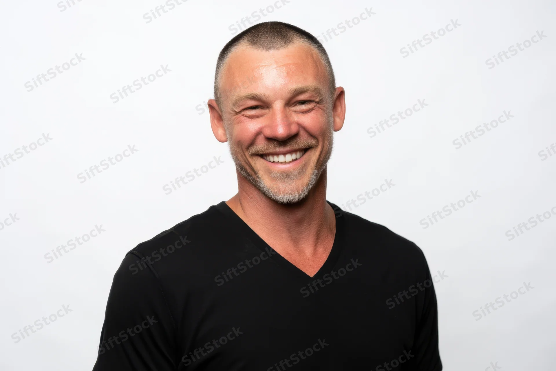 Smiling man in black v-neck t-shirt against white background