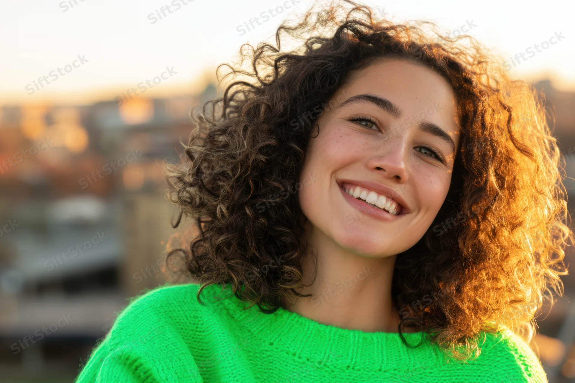 Smiling woman with curly hair in bright green sweater outdoors at sunset