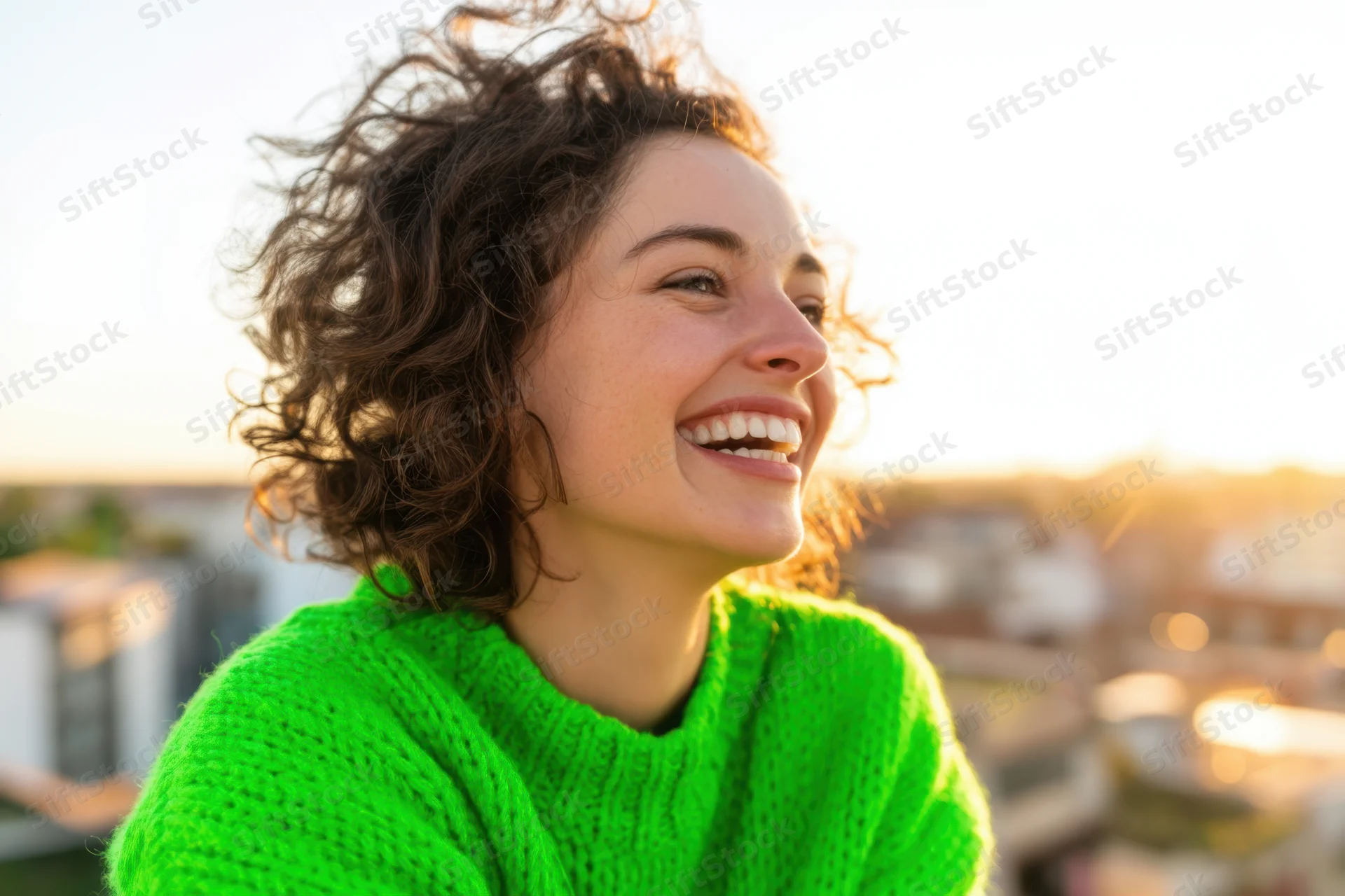 Smiling woman with curly hair in bright green sweater on rooftop at sunset