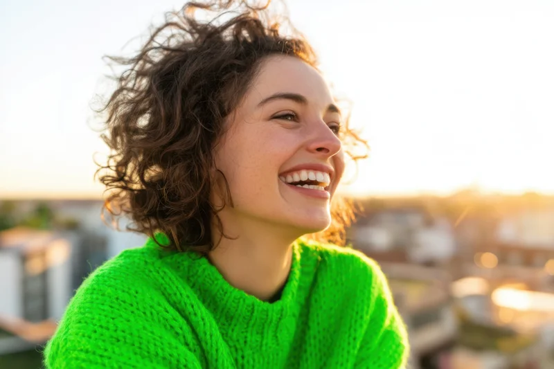 Smiling woman with curly hair in bright green sweater on rooftop at sunset