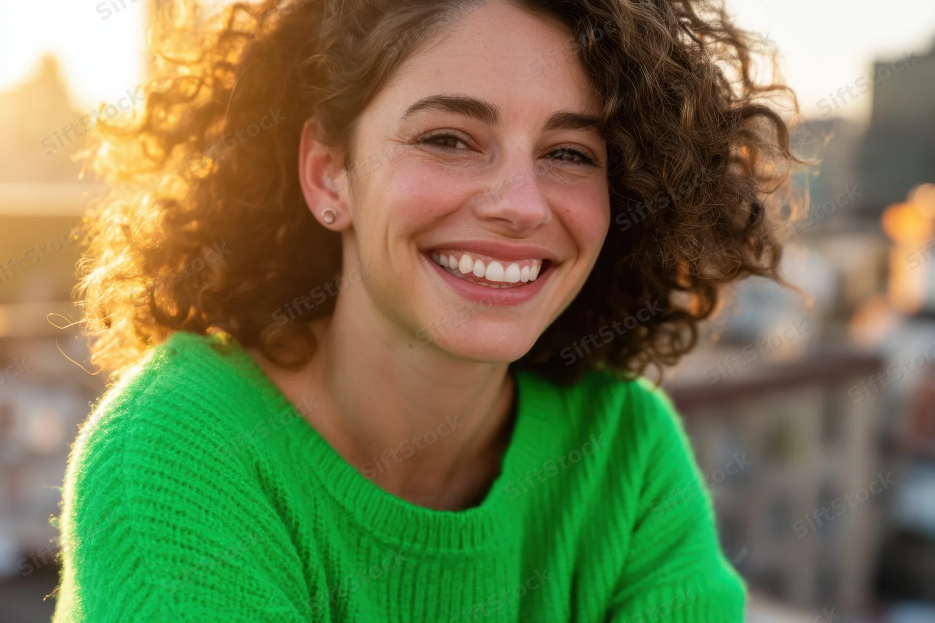 Smiling woman with curly hair in a bright green sweater outdoors in city light
