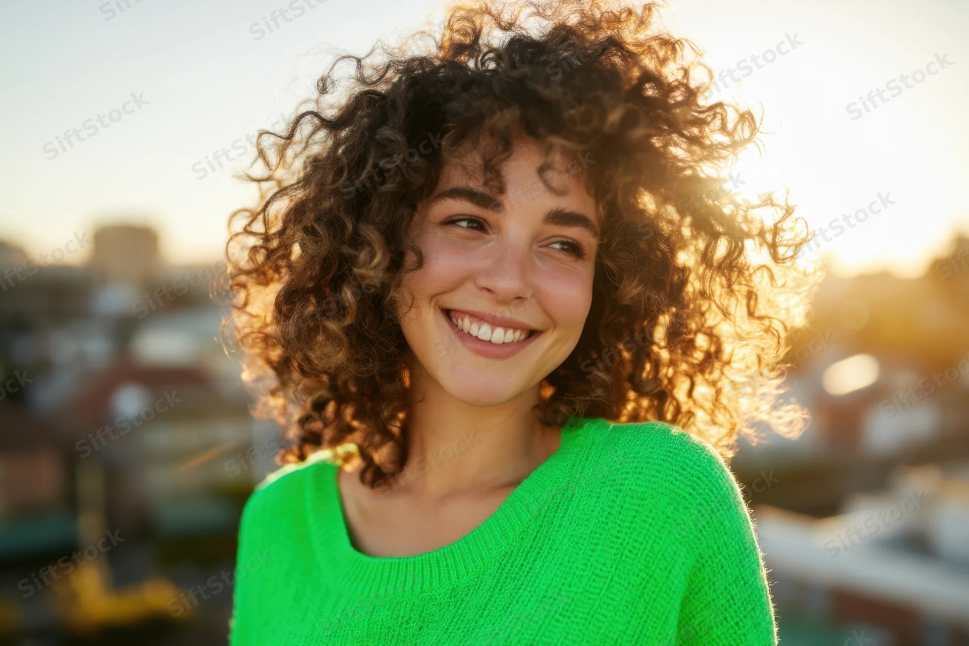 Smiling woman with curly hair in bright green sweater outdoors at sunset