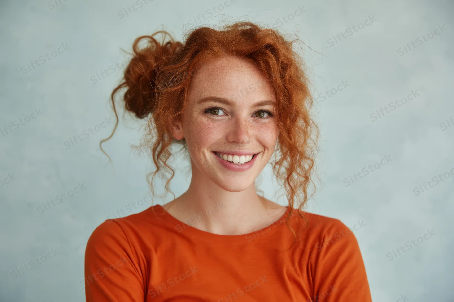 Young woman with red curly hair in loose bun smiling at camera in studio portrait