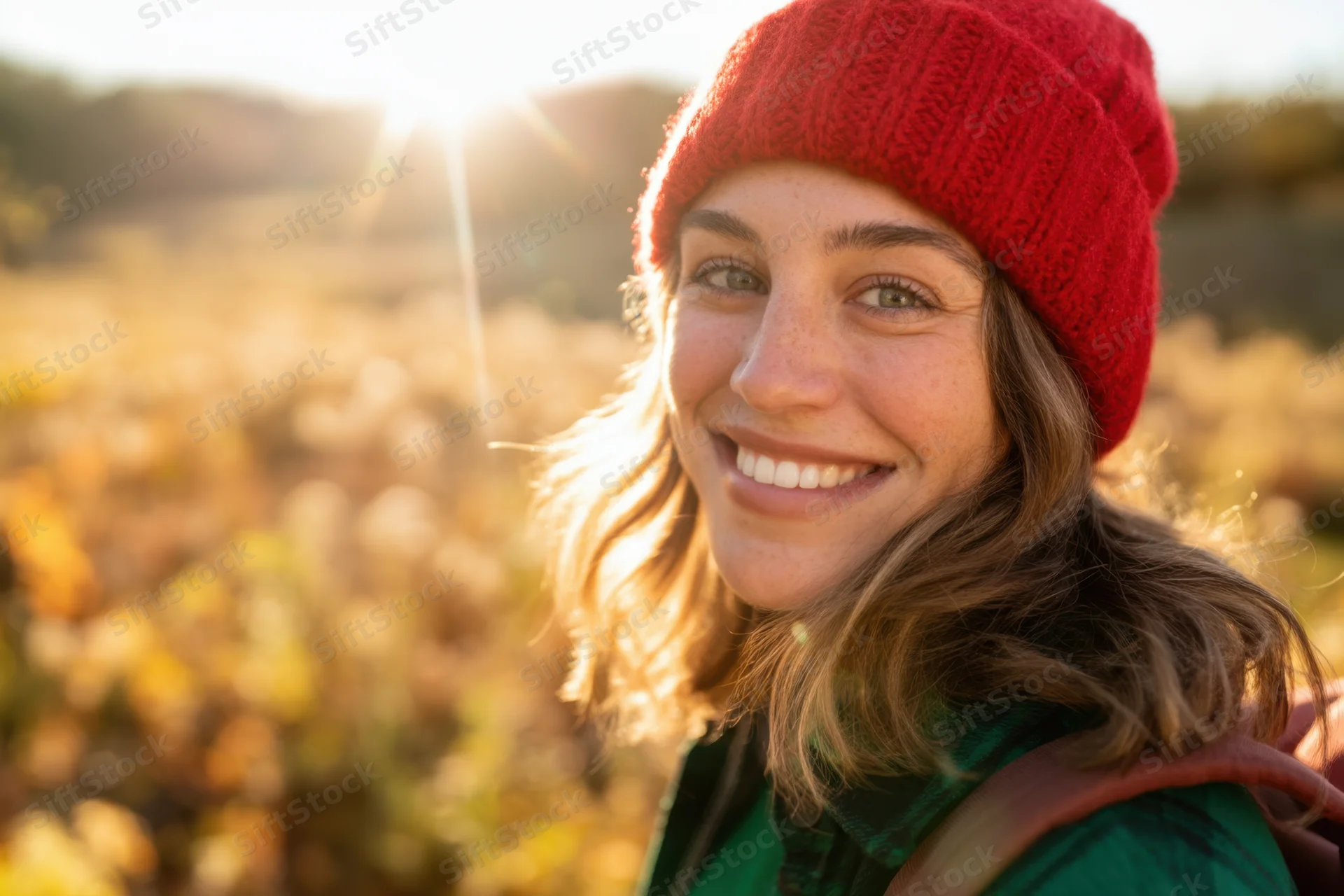 Smiling woman in red knit beanie outdoors in golden hour light