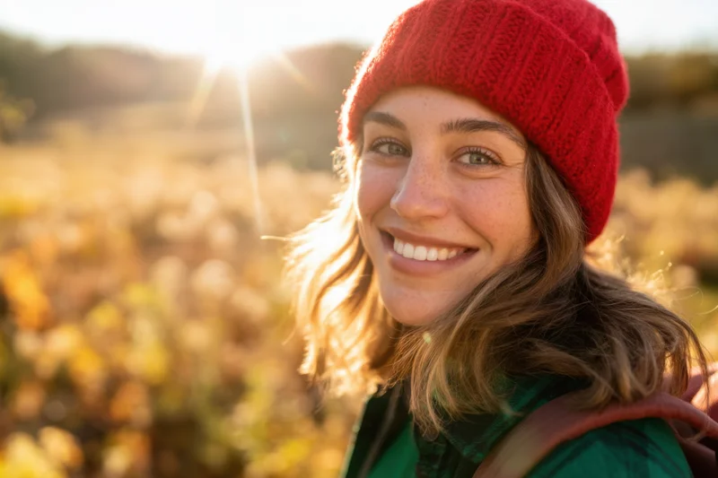 Smiling woman in red knit beanie outdoors in golden hour light