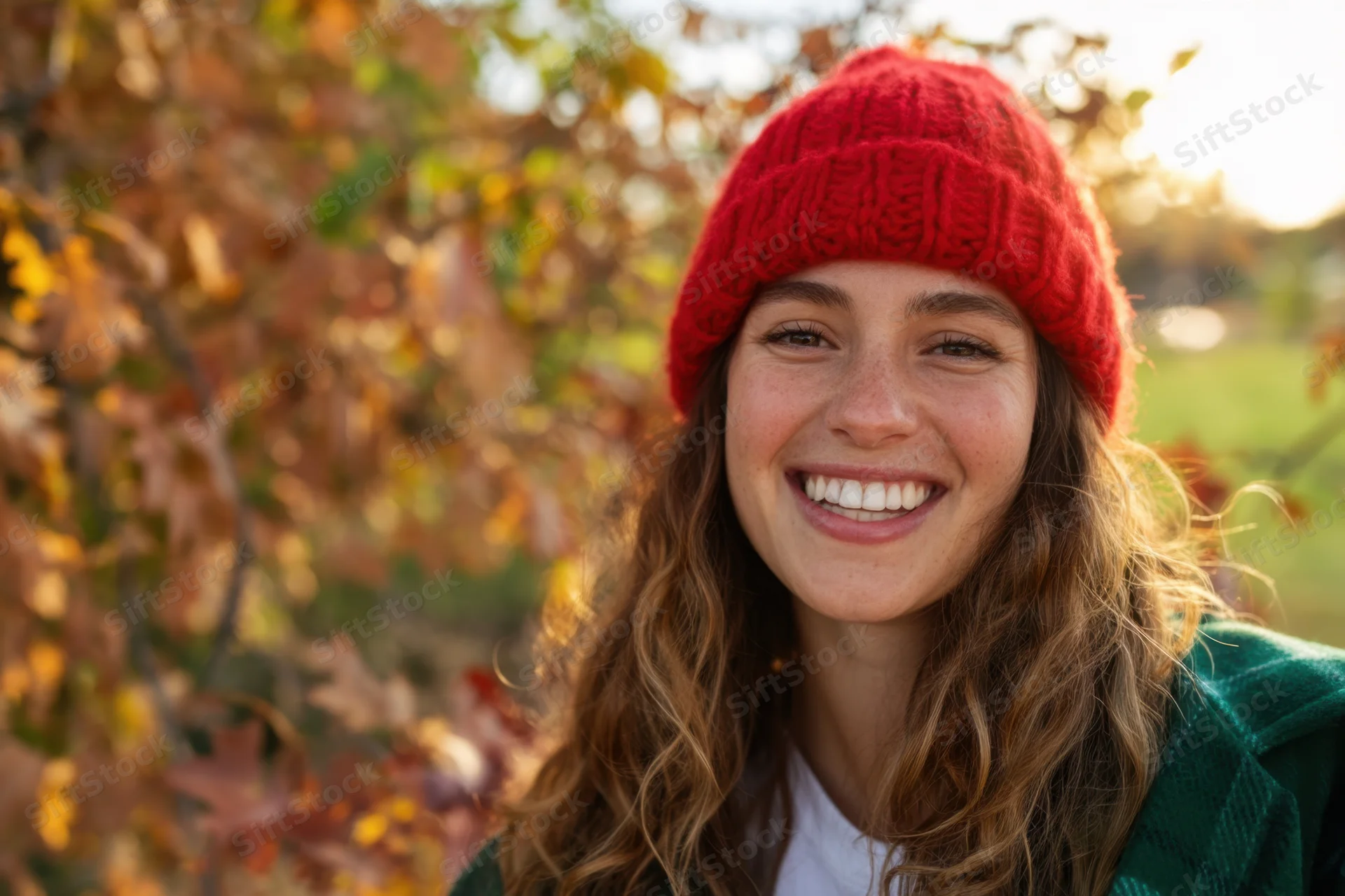 Smiling woman wearing red knit beanie and green coat outdoors in autumn foliage