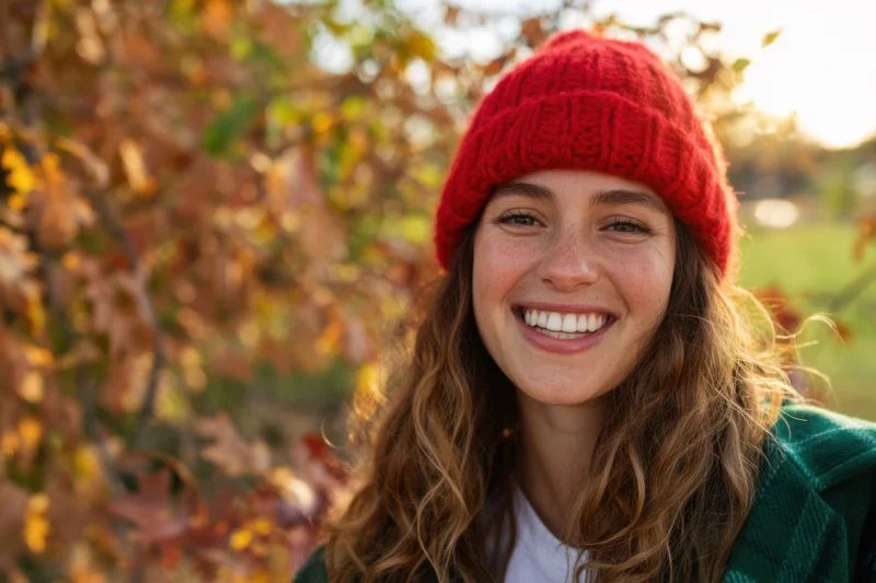 Smiling woman wearing red knit beanie and green coat outdoors in autumn foliage