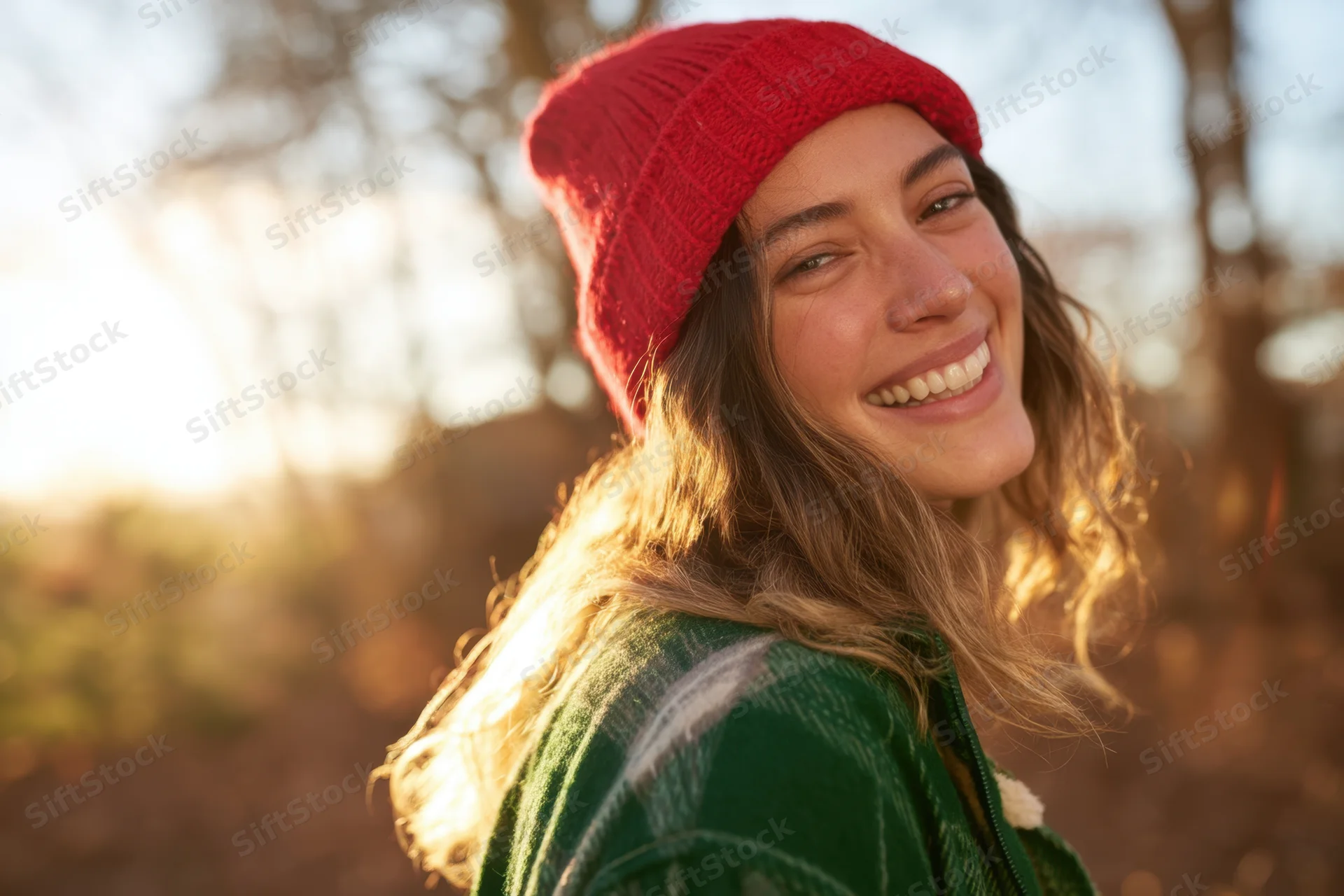 Smiling woman in red knit beanie and green plaid jacket outdoors in autumn sunlight