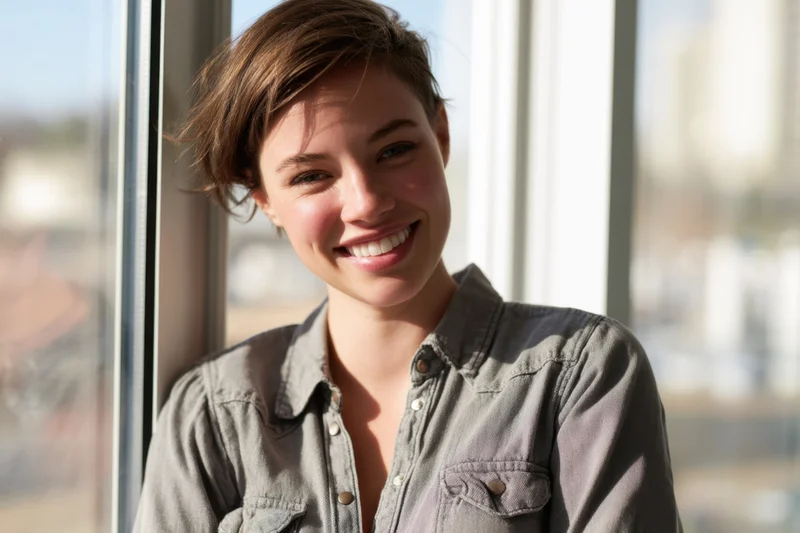 Smiling young woman in gray denim shirt leaning by window indoors