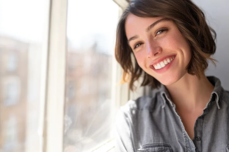 Young woman smiling at camera near window in indoor setting