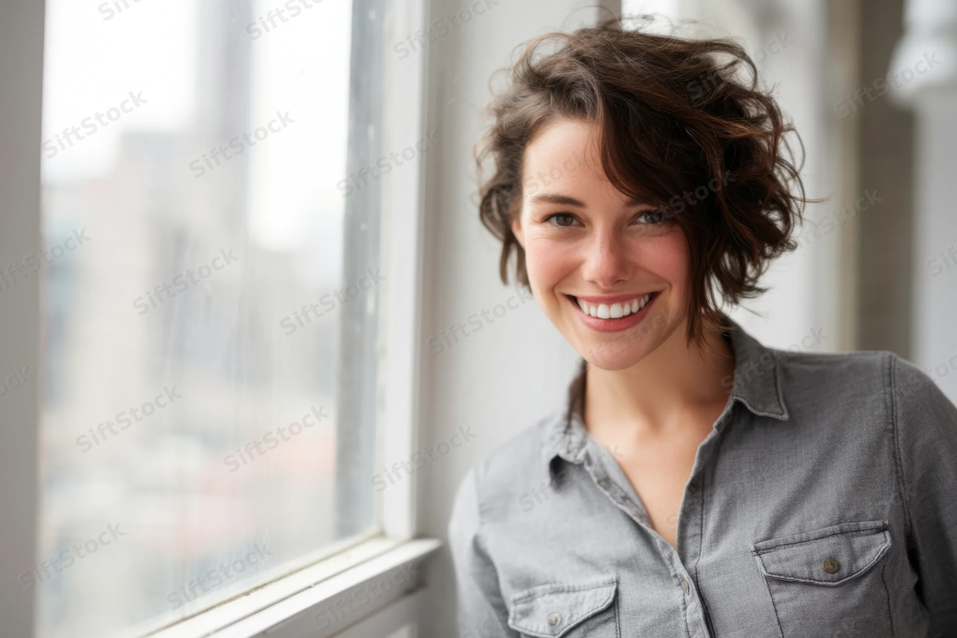 Smiling young woman in gray denim shirt standing by window indoors
