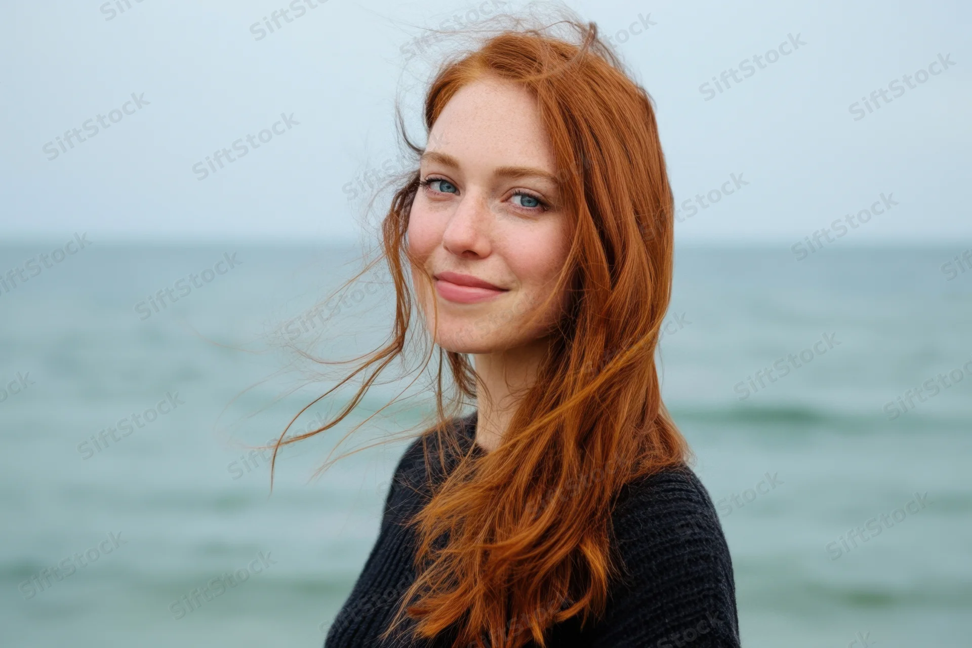 Young woman with long red hair smiling at camera by the ocean