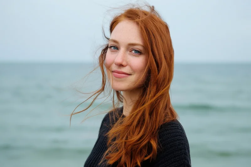 Young woman with long red hair smiling at camera by the ocean