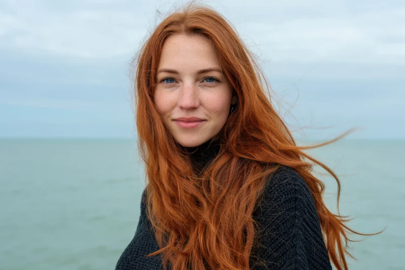 Young woman with long red hair smiling at camera by the ocean on a windy day