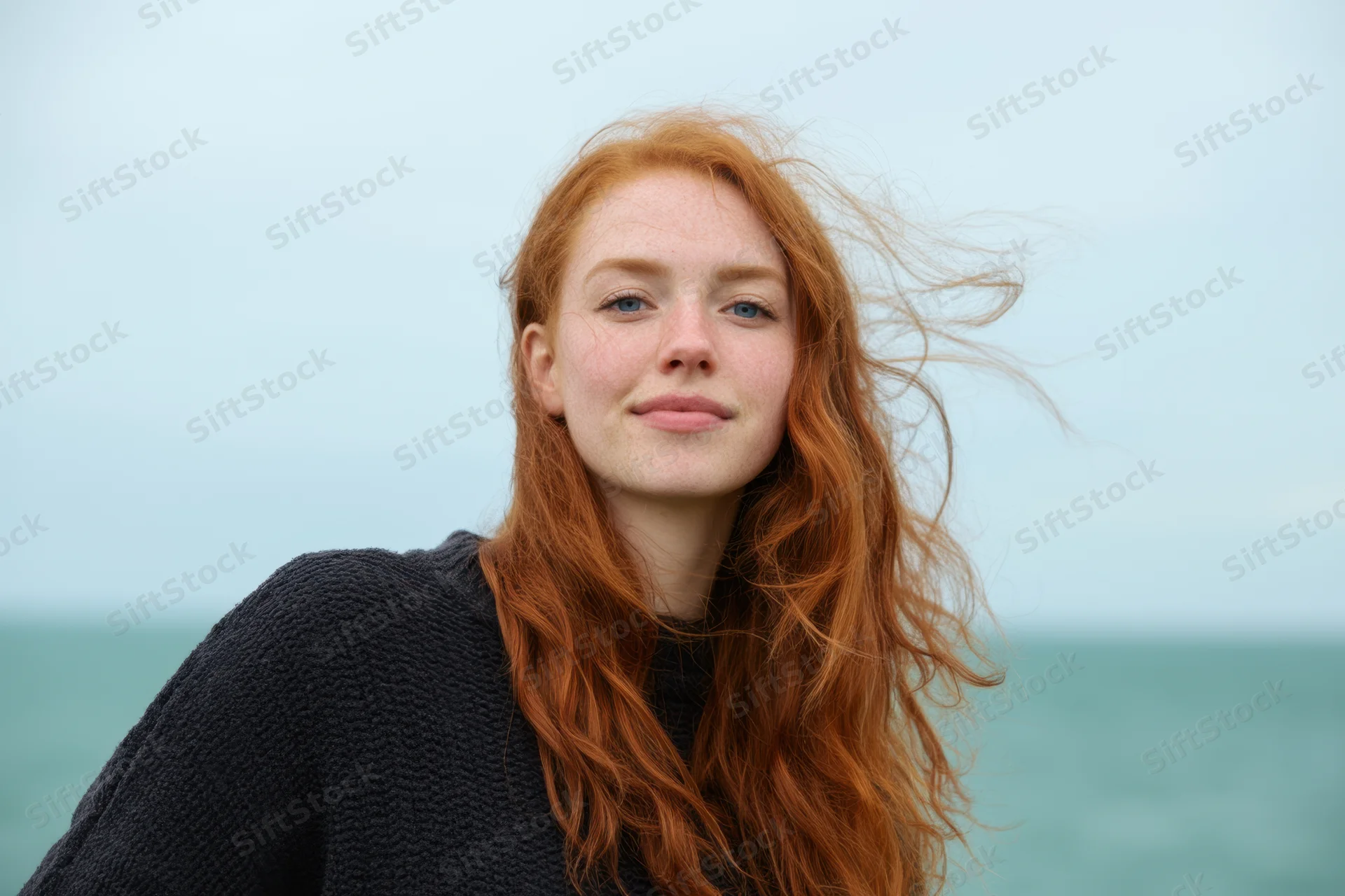 Young woman with long red hair smiling at camera by the ocean on a windy day